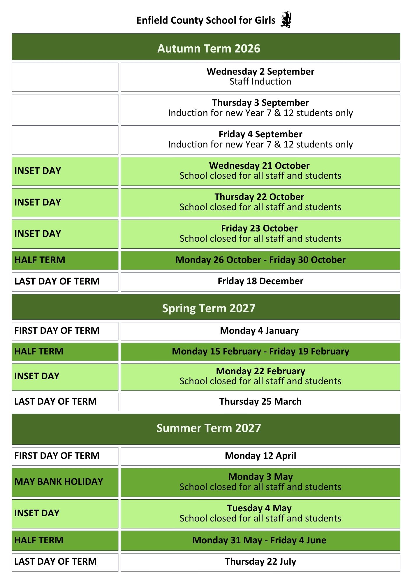 Enfield County School for Girls Term Dates 2026-7